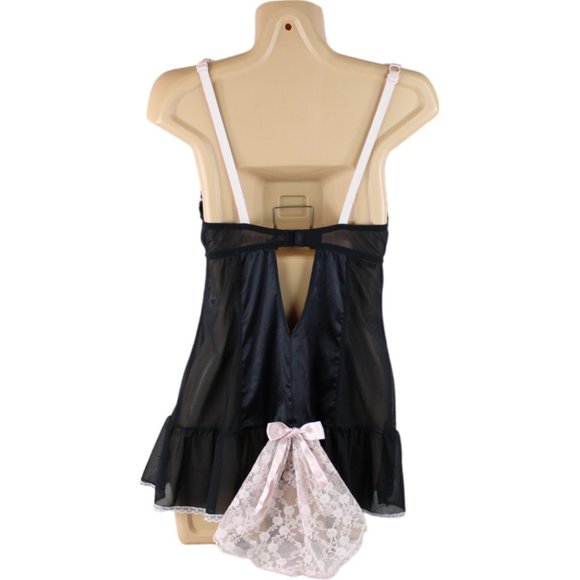La Senza Negligee Black Pink Medium Ruffles Lace Garter Straps French Maid N122 - Picture 4 of 14